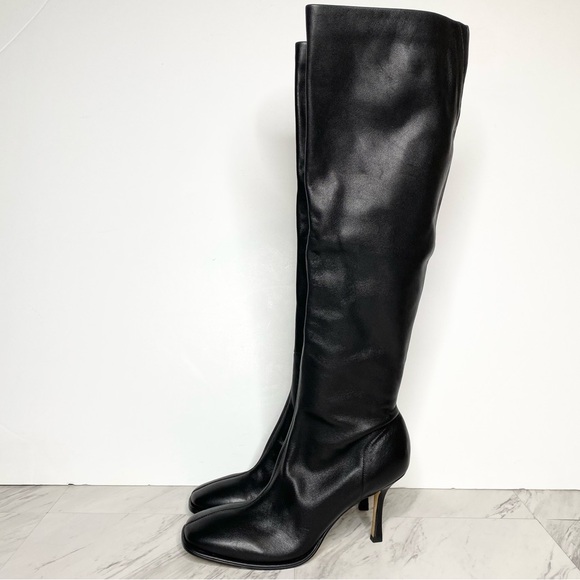 Jeffrey Campbell Square Toe Black Leather Heeled Tall Boot 9 1/2 - Picture 1 of 14